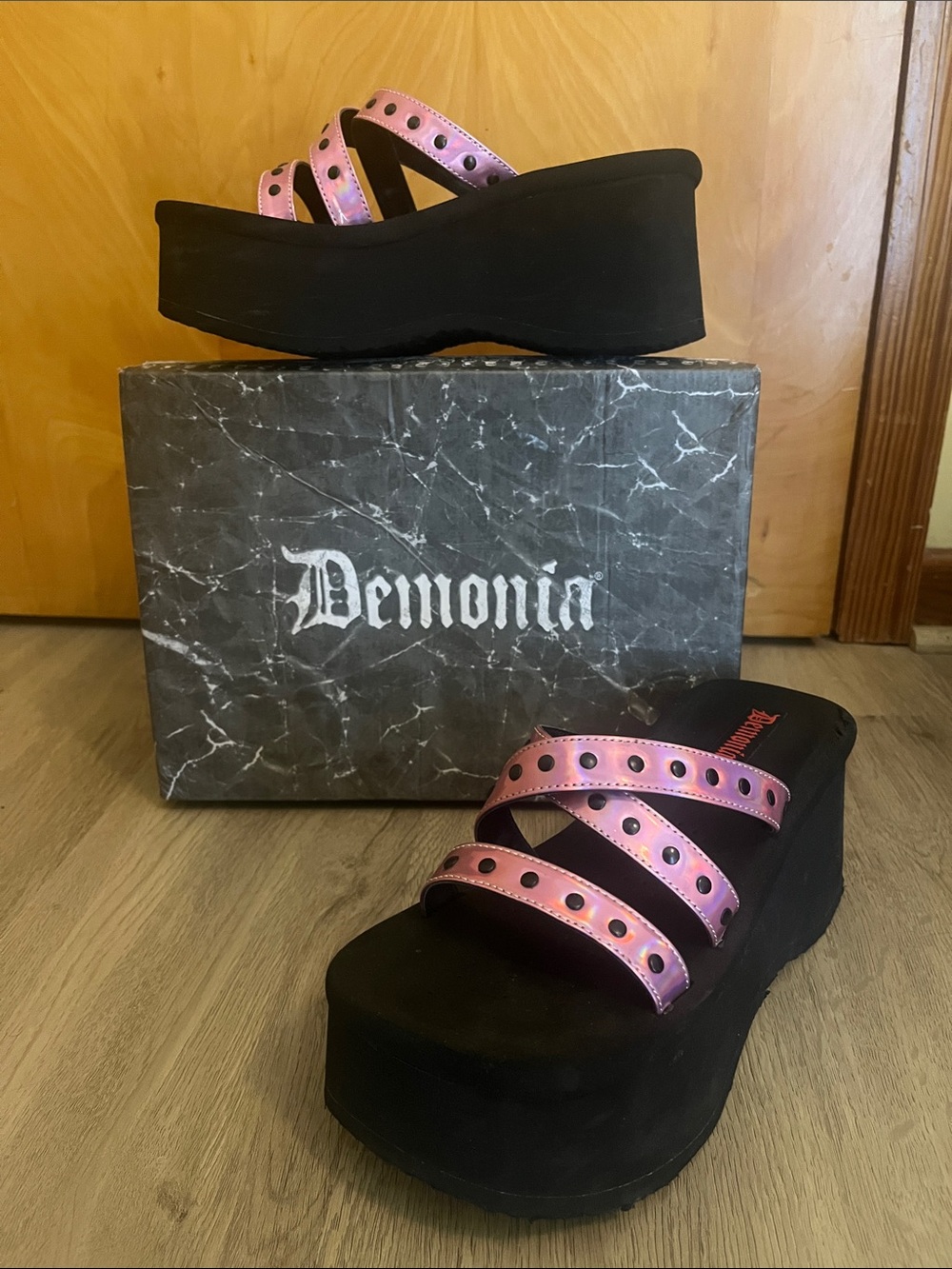 Demonia Pink Holographic Platform Sandals